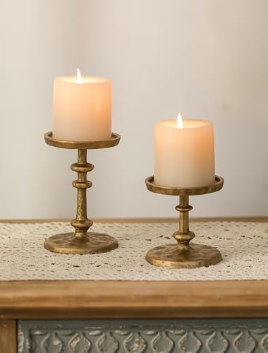 NUPTIO Gold Candle Holders for Pillar: Antique Brass Cast Iron Candle Stand by Nuptio