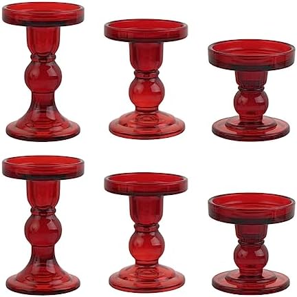 6-Piece Set of Red Glass Candlestick, Crystal Candlestick Holder Holder and Conical Candle, Christmas Candle Holder Decoration, Family Living Room Wedding Candle Holder (red2sets) by BTGLLAS