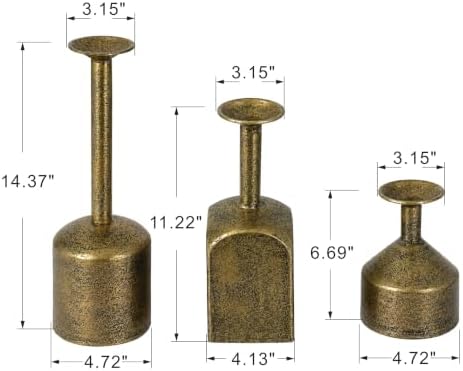 Farmhouse Metal Candlestick Holders in Antique Gold, Tall Taper Candle Holder, Set of 3, Industrial Farmhouse Style, Decor for Table Centerpiece (Gold) - Image 2