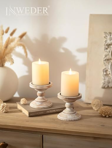 Wood Pillar Candle Holder: Rustic Distressed White Candle Stand - Image 2