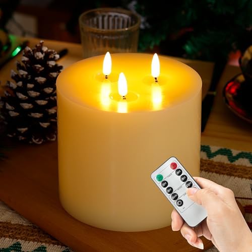 Extra Large Flameless Candles, 6"x6" Real Wax Battery Operated Candles with Remote and Timer, Flickering LED Pillar Candles with 3 Wicks for Home, Wedding, Party, Holiday, Ivory by AFINETH