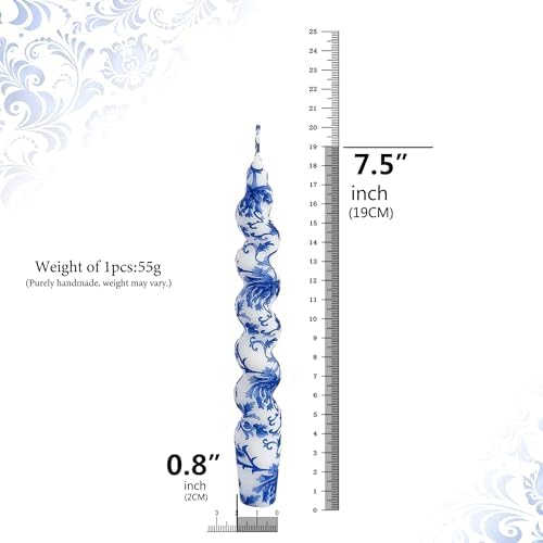 NJAO HOO Floral Taper Candles 7.5 in Spiral Candlesticks Hand Printed Blue and White Candlestick Twisted Taper Candle for Home Garden Decor 2 Pack - Image 3