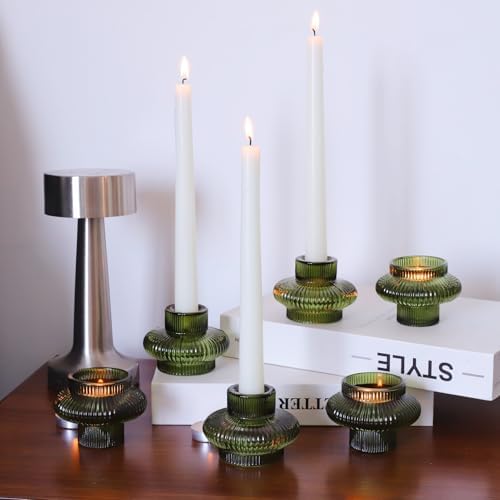 VOHO Green Taper Candle Holders Set of 6, Ribbed Glass Candlestick Holders - Image 5