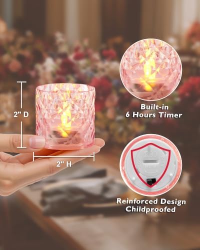 Homemory 2" Pink Acrylic Flameless LED Votive Candles, 6 H Timer, 12 Pack - Image 2