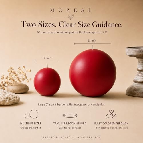 MOZEAL Hand-Poured, 6 Inch Red Large Round Ball Candles - Elegant Red Round Pillar Candles, Dripless, Unscented, Smokeless, Ideal for Valentine's Day and Christmas. - Image 2