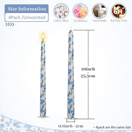 Print Taper Candles-Blue Floral Blend Pattern Unscented Candle Long 10-inch Flower Tapered Candlesticks for Family Gatherings Weddings Restaurant Holiday Decorations Set of 4 - Image 2