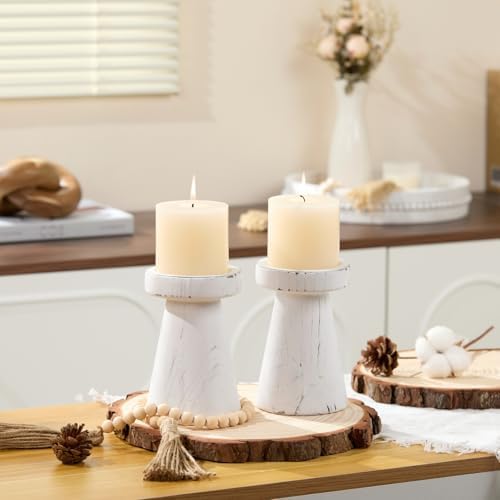 Set of 2 Rustic White Wood Candle Holders for Pillar Candles - Image 5