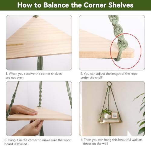 Artilady Macrame Corner Shelf Wall Hanging, Adjust Green Boho Wall Decor - Image 4