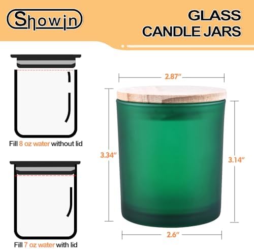 SHOWIN 8 OZ Thick Candle Jars for Making Candles 15 Pcs, Empty Jars with Wood Lids for Candle Making, Sample Container, Frosted Green - Image 4