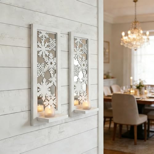 ZEXUIRU 2 Set Rustic Candle Sconces Living Room Bedroom Entryway Wood Mirrored, Farmhouse, Carved Frame Wall-Mount Wooden Candle Holders Wall Decor Hanging Handmade Holder - Distressed White - Image 3