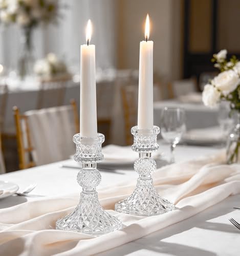 2 Pack Glass Taper Candlestick Holders, Clear Candlestick Holders, 4" H Crystal Candle Holders Decorative Candle Stand Centerpiece for Wedding, Festival, Dinning Party Table Decor by AUMAYCO
