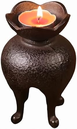 Japanese Style Cast Iron Candle Holder, Small Handmade Vintage Candlestick Holders, Rustic Pillar Candle Holder, Farmhouse Candle Stand for Fireplace Shelf Home Decor (4.53" Tall Pattern) by SECHUDO
