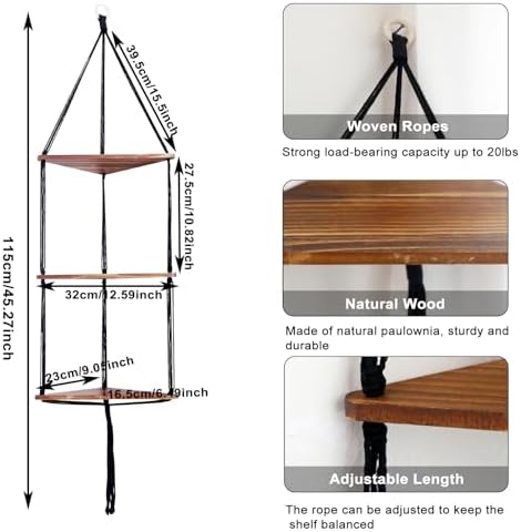 Artilady Corner Shelf Macrame Wall Hanging, 3 Tier Black Boho Storage Decor - Image 2