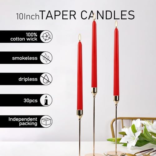 30-Pack Red Taper Candles - 10 Inch Long-Lasting Dinner Candles, Unscented Smokeless for Christmas, Wedding, Party and Home Table Decor - Image 5