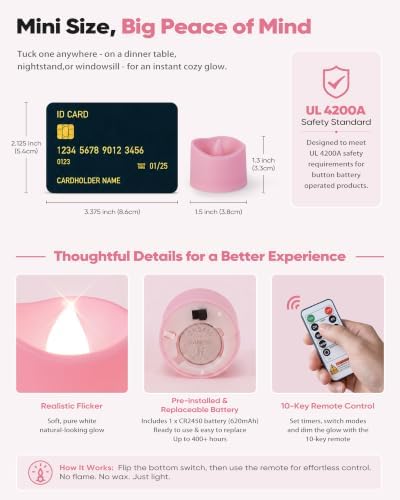 Homemory 12-Pack Pink Remote Flameless Battery Tea Light Candles, 400+ Hrs - Image 2