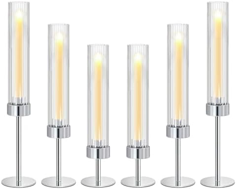Metal & Acrylic Taper Candle Holders with Ribbed Design - Hurricane Clear Cylinder Candelabra for Wedding, Christmas, Party, Dining Table Centerpiece Decor (Silver, Set of 6) by KOLNLALA
