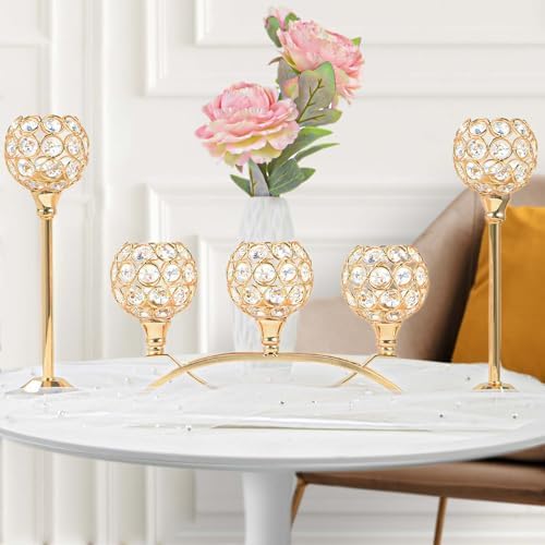 Crystal Tealight Candle Holder Centerpiece Home Decorative Candlestick Holder Elegant Table Centerpiece Home Decor Wedding Party Anniversary (Gold, Set of 3) - Image 3