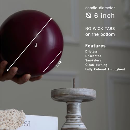 MOZEAL Hand-Poured, 6 Inch Burgundy Large Round Ball Candles - Elegant Burgundy Round Pillar Candles, Dripless, Unscented, Smokeless, Ideal for Intimate Gatherings. - Image 4