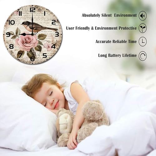 Love Birds Roses Flowers Wooden Silent Non-Ticking 10 Inch Round Clocks Battery Operated Analog for Living Room Kitchen Bedroom Bathroom Office Home School Decor