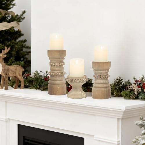 Rustic Natural Wood Candle Holders Set of 3, Farmhouse Beaded Wood Pillar Candle Holder, Candle Holders for Pillar Candles & Candlesticks, Candle Sticks Holder Decor for Table Centerpiece - Image 7