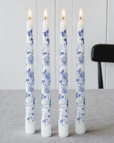 MAITREYA Chinoiserie Taper Candles Blue and White Chinoiserie Decor Candlesticks for Wedding Party Home Table Centerpiece Christmas Halloween Gifts-10Inch,4 Pcs,Lotus by MAITREYA