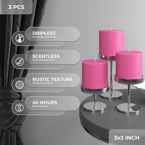 CANDWAX 3x3 Pink Pillar Candles Set of 3 - Long Burning Unscented Smokeless Dripless Pillar Candles - Pink Candle Set for Wedding, Special Occasions and Ordinary Dinners - Spring Candle Pillars - Image 3