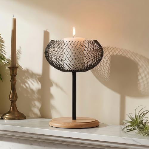 Vintage Black Metal Pillar Candle Holder with Bamboo Base, Rustic Candle Tray Stand for Table Centerpiece, Wooden Candle Plate for Vintage Home Decor, Decorative Black Metal Candle Decor by QTTCMY