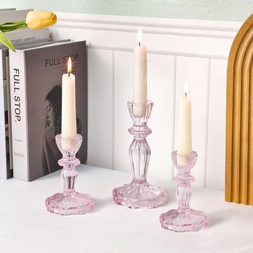 Glass Candlestick Holders Set of 3, Pink Stripe Taper Candle Holders for Table Centerpiece, Home Decorations, Wedding and Party - Image 2