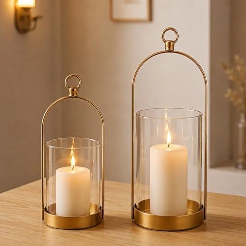 Gold Hurricane Candle Holder, Versatile Metal Candle Holder with Thick Glass Shield for Pillar Candles, Plants, Decorative Candle Lantern for Thanksgiving Christmas Party Table Centerpiece by Mofunci-DecorateYourLife