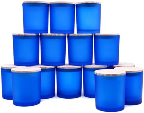 SHOWIN 10 OZ Thick Candle Jars for Making Candles 15 Pcs, Empty Jars with Wood Lids for Candle Making, Sample Container, Frosted Blue by Showin