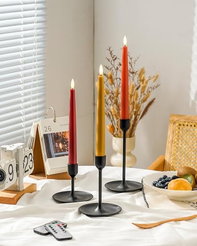 Stmarry Fall Flameless Taper Candles with Remote and Timer, 9.65 Inch Real Wax LED Candlesticks, Battery Operated Thanksgiving Candles with 3D Flickering Flame, Bordeaux, Terra Cotta & Caramel, 6 Pack - Image 2