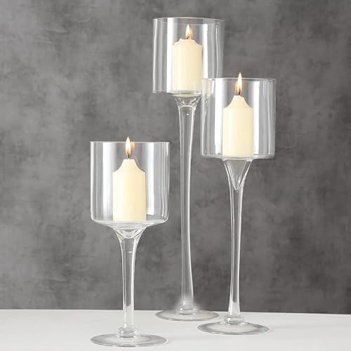 Glass Candleholders Tea Light Candle Holders Clear Wedding Weddings Hurricane Tall Elegant Ideal for Dining Party Home Decor Parties Table Settings Gifts Different Sizes (1 Set Large Clear) by SANTIYIS