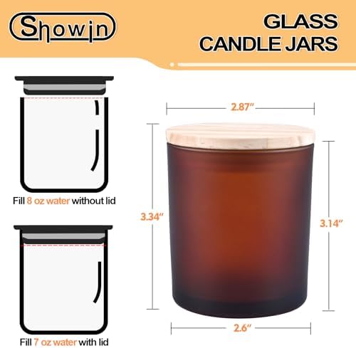 SHOWIN 8 OZ Thick Candle Jars for Making Candles 15 Pcs, Empty Amber Jars with Wood Lids for Candle Making, Sample Container, Frosted Brown - Image 4