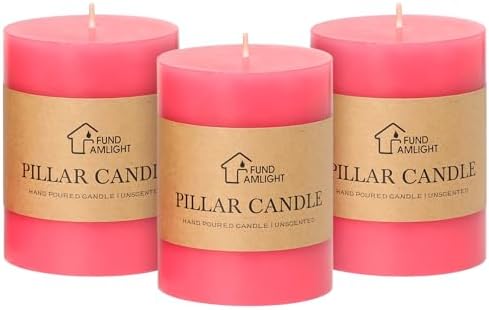 3x4 Inch Pink Pillar Candles Set of 3 - Decorative Unscented Pillar Candle - Easter Valentines Day Candles - Long Burning Dripless Smokeless Large Pillar Candle for Wedding Table, Dinner Decor by FUNDAMLIGHT