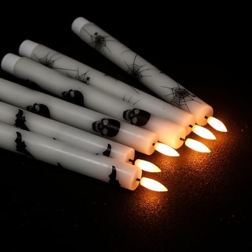GenSwin Flameless Taper Candles with Remote Timer, 6Pcs LED Flickering Taper Candles Battery Operated Real Wax with Spider Webs/Skull/Bats Decals for Halloween Spooky Decoration (White, 0.78”x9.65”) - Image 4