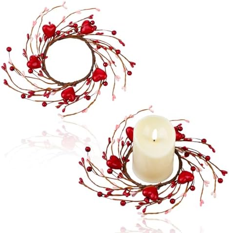 Daifunli 2 Pcs Valentine Day Candle Rings Heart and Red Berry Vintage Wood Wreath for Pillar 3.9 Inch Candles Holder for Valentines Day Table Centerpiece Wedding Kitchen Cabinets Rustic Table Decor - Image 2