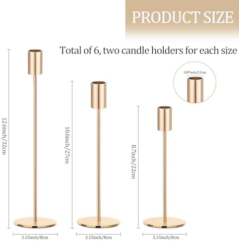 Set of 6 Gold Taper Candle Holders, Metal Gold Candlestick Holders, Tall Candle Holder, Fits 3/4 inch Thick Candle&Led Candles, for Table Centerpiece, Wedding, Dinning, Party Home Decor - Image 2
