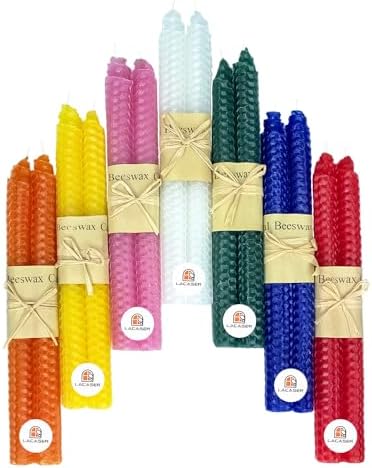 Lacaser Natural Beeswax Taper Candles Bulk, Colored Candlesticks in Rainbow Colors, Smokeless & Unscented, 9" Long Candle Sticks, Burning Time 4 Hours,14pcs by PureWaxPureNature