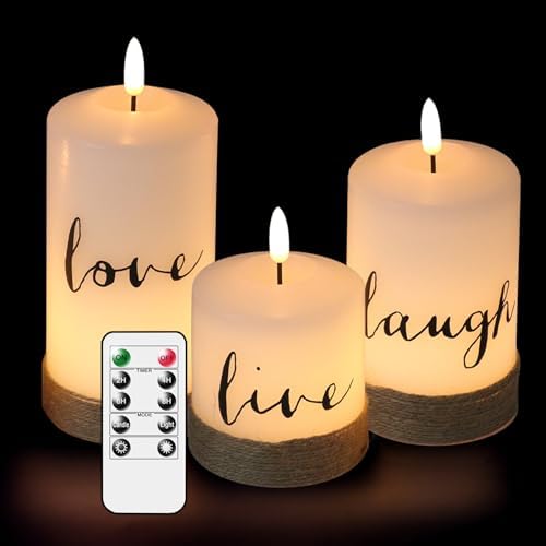 Christmas LED Glass Flameless Candles Live Laugh Love Hemp Rope Remote by KunSwennLife