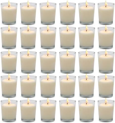 30 Pack Clear Glass Filled White Votive Candles, Unscented Votive Candles for Home Décor Spa Weddings Birthdays Holidays Party by SevenMoons