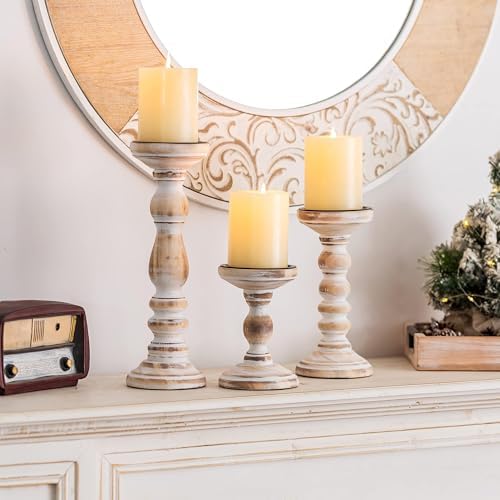 Wood Pillar Candle Holder: Rustic Distressed White Candle Stand - Image 4