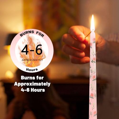 NJAO HOO Flower Candlesticks 10 in Straight Taper Candles Hand Printing Colored Pink Candlesticks Floral Tall Tapered Candle for Spring Home Garden Decor Simple Modern, 2Pcs - Image 6