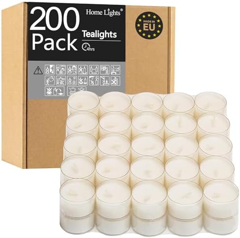 Home Lights Homelights Tea Lights Candles, Giant 100,200,300 Bulk Packs, White Unscented European Smokeless Clear Cup Tea Lights for Shabbat, Weddings, Christmas, Home Decorative- 200 Pack by HomeLights