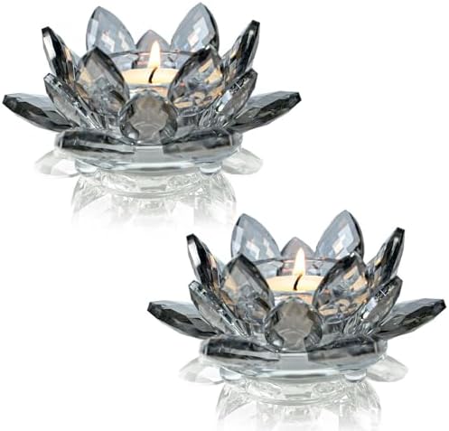 Lotus Black Crystal Candlestick 2-Piece Tealight Candle Set, Black Glass Votive Candle Holder for Tabletop Dining Table Center Decoration Ideal Candle Holder for Wedding Valentine's Day Decoration by KOLNLALA