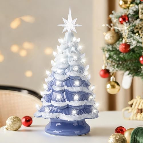 Sunlit Cordless Lighted Ceramic Christmas Tree Vintage Tabletop Christmas Decoration Pre-Lit Colorful Mini Light Bulbs 13" Traditional AA Battery Operated LED - Ombre Blue by Sunlit