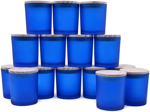 SHOWIN 8 OZ Thick Candle Jars for Making Candles 15 Pcs, Empty Jars with Wood Lids for Candle Making, Sample Container, Frosted Blue by Showin