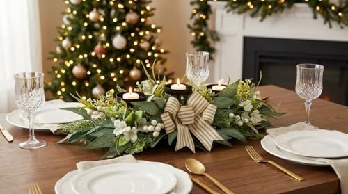 Svndlyn 26 Inch 3 Candle Holder Centerpiece with Greenery and Striped Bow - Image 7