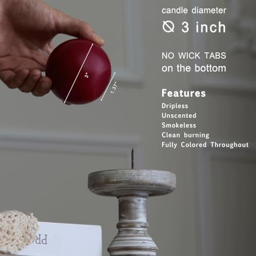 MOZEAL Hand-Poured, 3 Inch Dark Red Round Ball Candles - Elegant Dark Red Round Pillar Candles Set of 3, Dripless, Unscented, Smokeless, Ideal for Intimate Gatherings. - Image 4