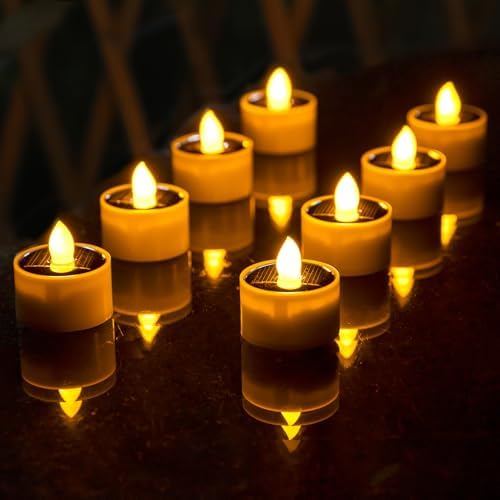 Solar Tea Lights Outdoor Waterproof, 8pcs Rechargeable Dusk to Dawn Little Solar Votive Candles, Flameless Flickering Small Light for Lantern Window DIY Chandelier Patio Deck Garden Decor (Warm Amber) by TWINKVILLA
