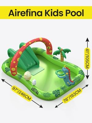 Inflatable Kids Pool, Airefina Dino Planet Inflatable Play Center Kiddie Pool with Water Slide, Ultra Thick 97"x76"x41" Toddler Pool with Play Ball Hoop, for Backyard, Garden, Water Park, Ages 3+